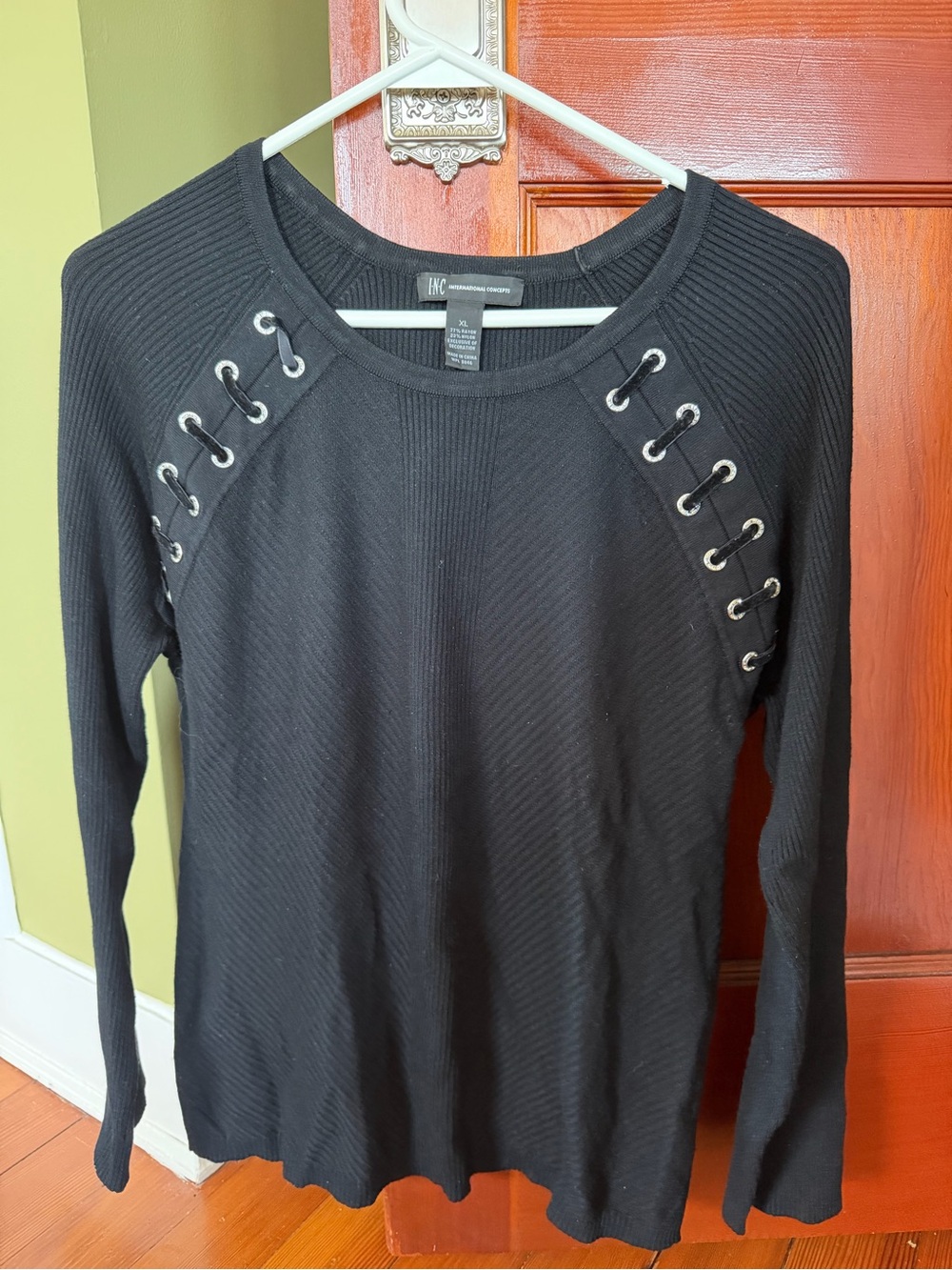 INC International Concepts Black Lace-Up Detail Ribbed Long Sleeve Top